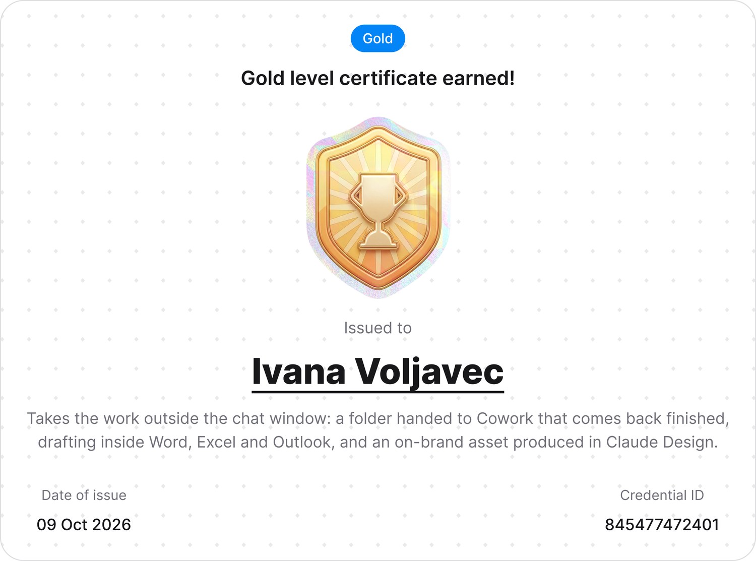 Claude Design AI Gold level certificate issued to Ivana Voljavec