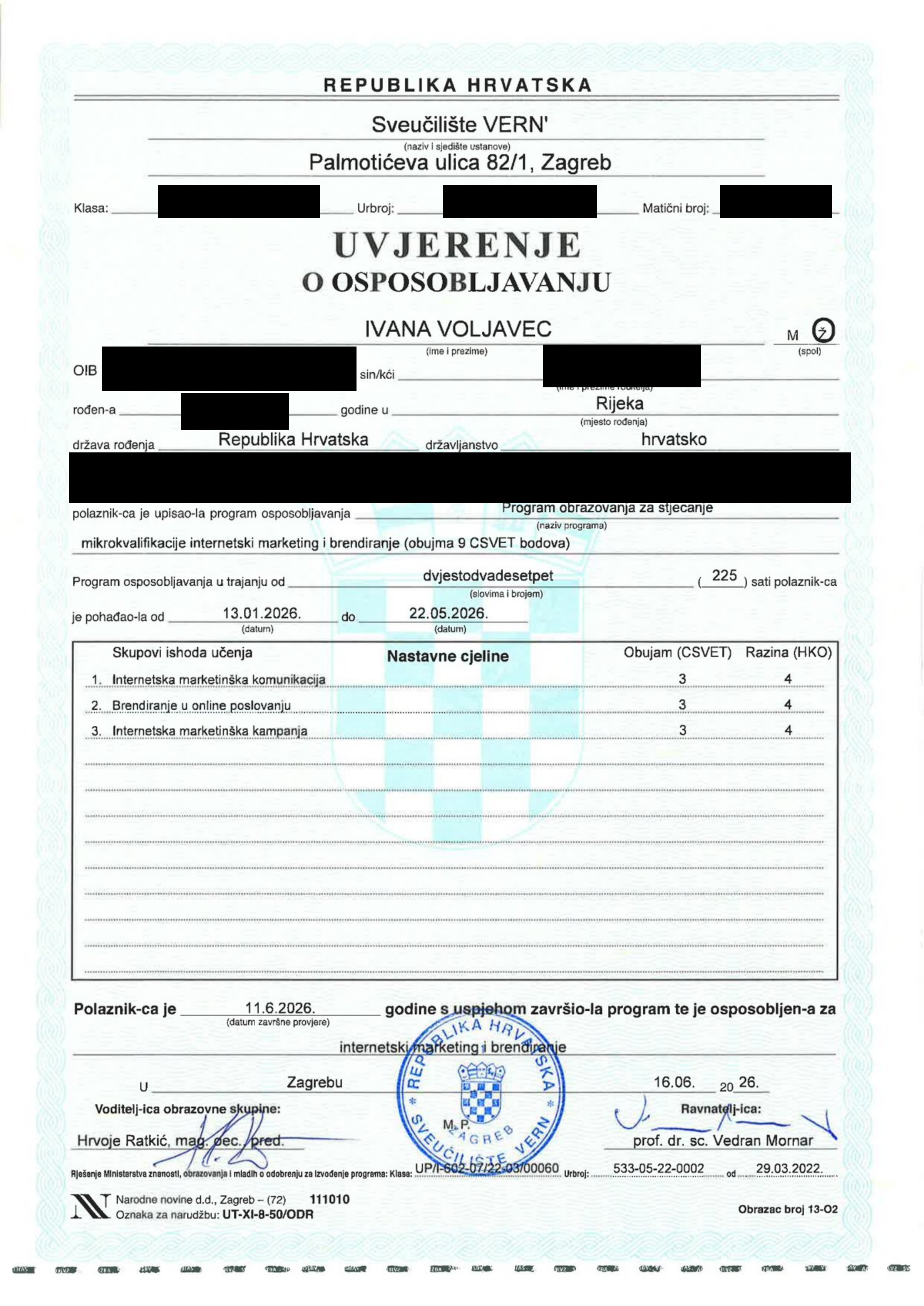 Digital Marketing & Brending Certificate issued by University VERN' to Ivana Voljavec