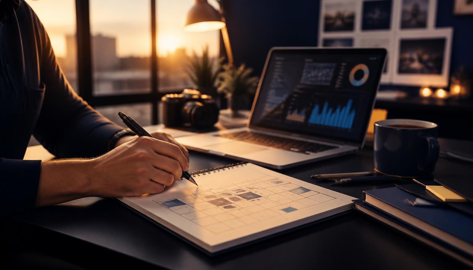 Strateg sadržajnog marketinga skicira uređivački kalendar pokraj laptopa s analitikom prometa i konverzija.